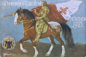 1923 - 13. Deutsches Turnfest Mnchen Postkarte Reiter 15.7.23 gelaufen (1)