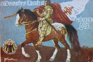 1923 - 13. Deutsches Turnfest Mnchen Postkarte Reiter 25.7.23 gelaufen (1)